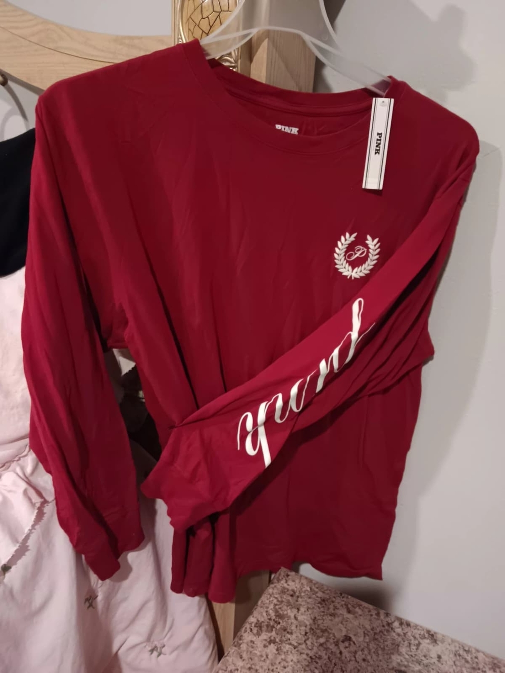 PINK Victoria's Secret Long-Sleeve Graphic Tee in Dark Red